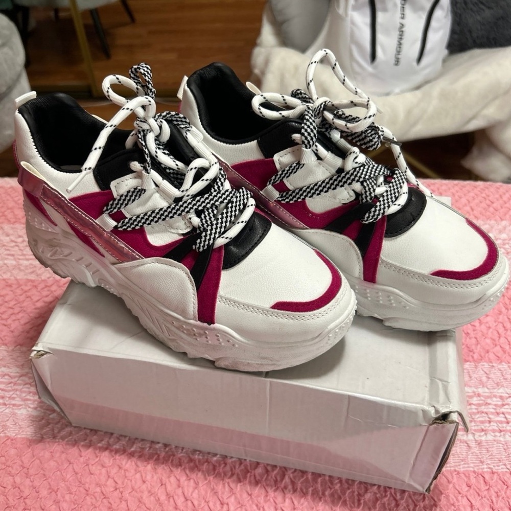 Stylish White and Pink Chunky Sneakers